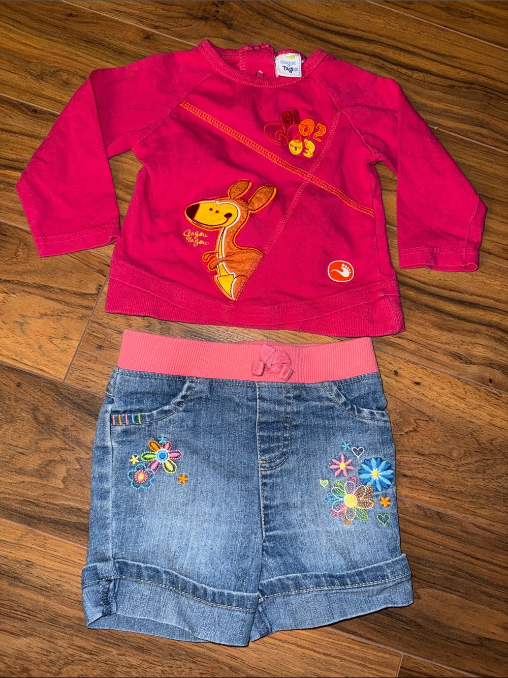 9-12m Vintage Hot Pink Kangaroo Graphic Top with Embroidered Denim Shorts